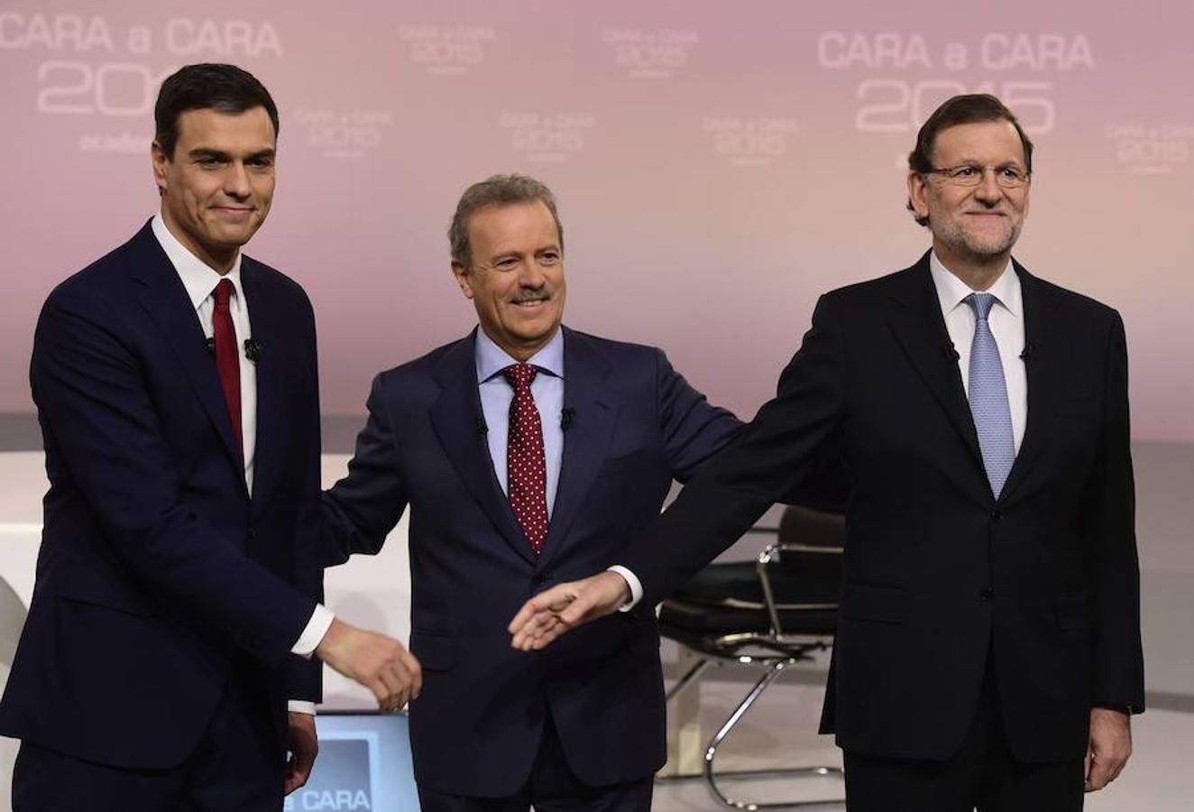 Debate entre los candidatos Mariano Rajoy (PP) (d) y Pedro Sánchez (PSOE) en TVE , único debate televisado del líder del PP en toda la campaña de las Elecciones Generales del 20-D de 2015. El PSOE fue la segunda fuerza política del Congreso, con 90 diputados.