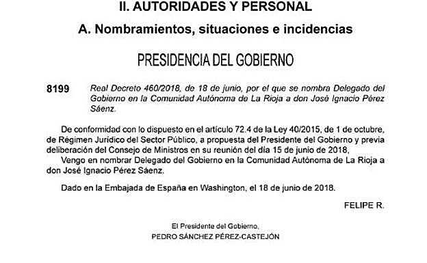 Felipe VI nombra desde Washington delegado del gobierno a José Ignacio Pérez