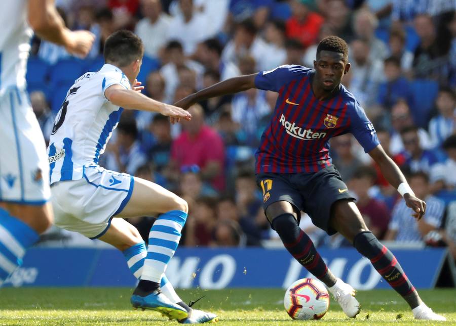 El conjunto azulgrana se llevó los tres puntos en Anoeta, tras un partido en el que la Real Sociedad comenzó adelantándose pero en el que el Barcelona se impuso gracias a los goles de Luis Suárez y Dembélé