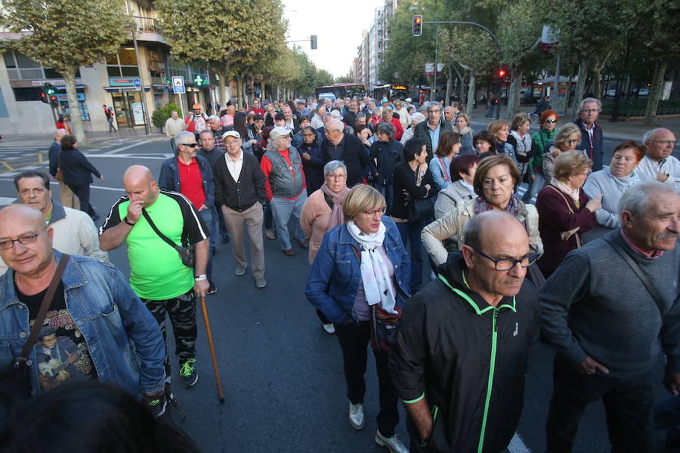 Alrededor de medio millar de personas se han manifestado hoy por el centro de Logroño para reclamar la «defensa» de las pensiones públicas y que su revalorización se blinde en la Constitución.