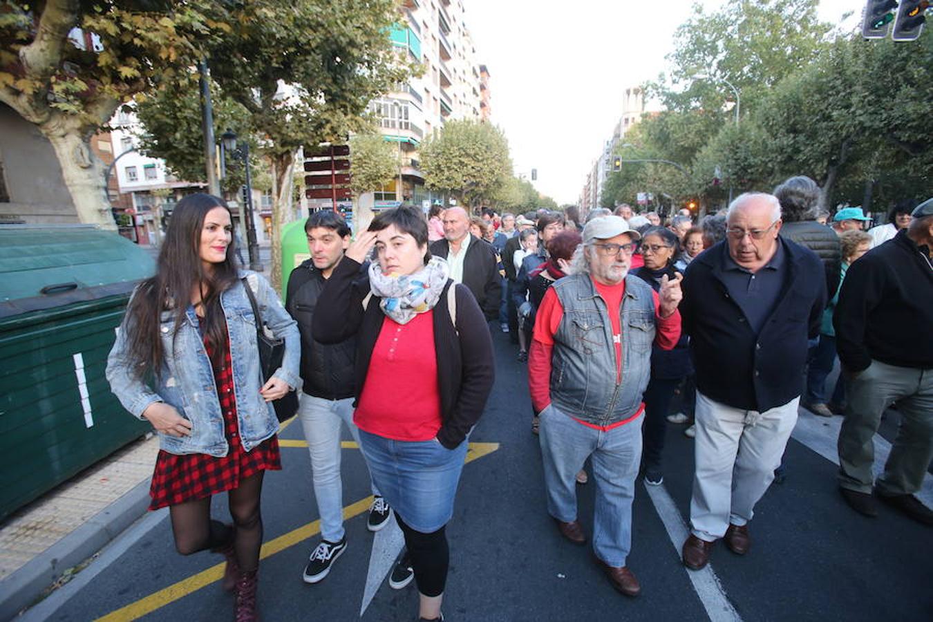 Alrededor de medio millar de personas se han manifestado hoy por el centro de Logroño para reclamar la «defensa» de las pensiones públicas y que su revalorización se blinde en la Constitución.