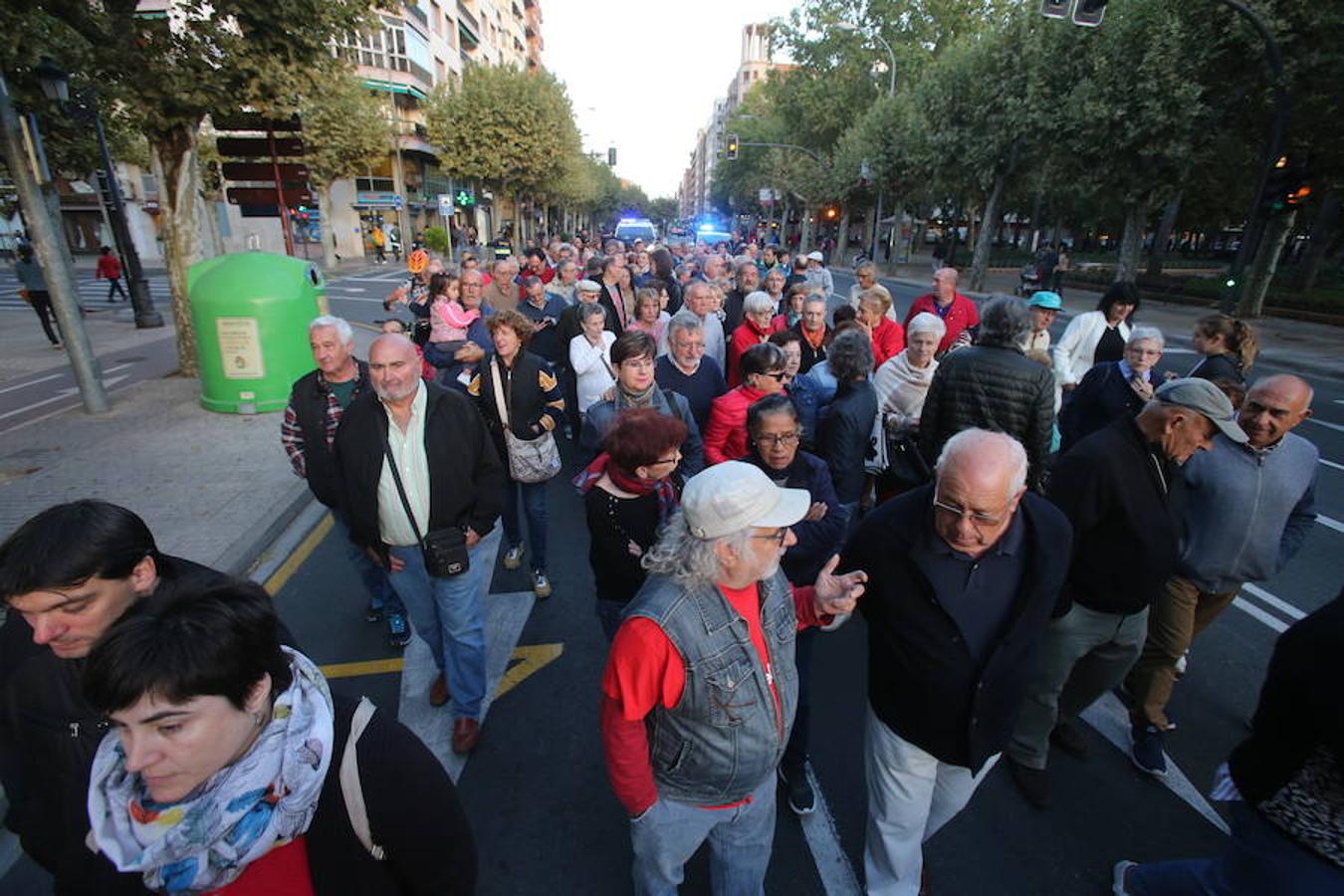 Alrededor de medio millar de personas se han manifestado hoy por el centro de Logroño para reclamar la «defensa» de las pensiones públicas y que su revalorización se blinde en la Constitución.