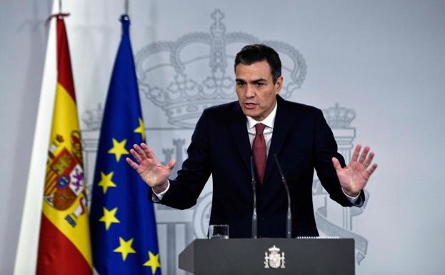 El presidente del Gobierno, Pedro Sánchez, durante la rueda de prensa que ha ofrecido hoy en el Palacio de La Moncloa.