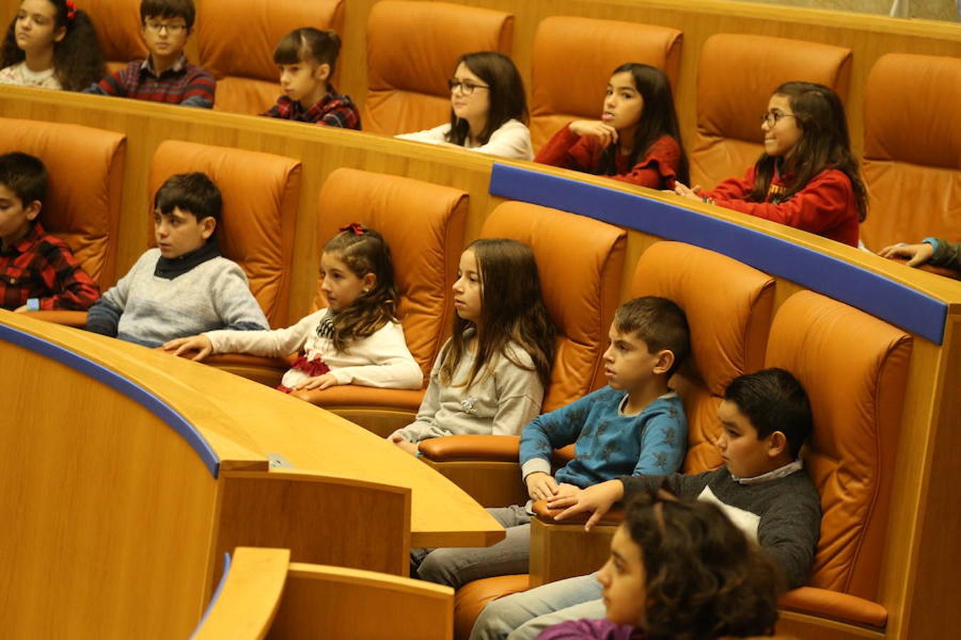 Un grupo de escolares de quinto de Primaria del Colegio Villapatro de Lardero han leído hoy, en el Parlamento de La Rioja, unos manifiestos, que previamente habían redactado junto a sus profesores, sobre cuatro derechos de la infancia en el acto del Día del Niño.