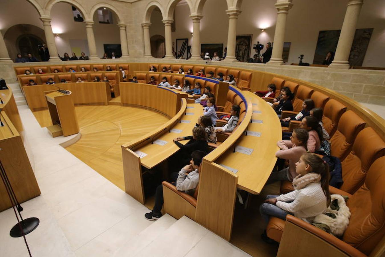 Un grupo de escolares de quinto de Primaria del Colegio Villapatro de Lardero han leído hoy, en el Parlamento de La Rioja, unos manifiestos, que previamente habían redactado junto a sus profesores, sobre cuatro derechos de la infancia en el acto del Día del Niño.