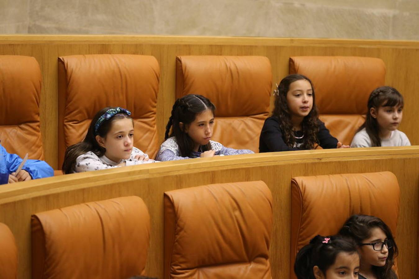 Un grupo de escolares de quinto de Primaria del Colegio Villapatro de Lardero han leído hoy, en el Parlamento de La Rioja, unos manifiestos, que previamente habían redactado junto a sus profesores, sobre cuatro derechos de la infancia en el acto del Día del Niño.