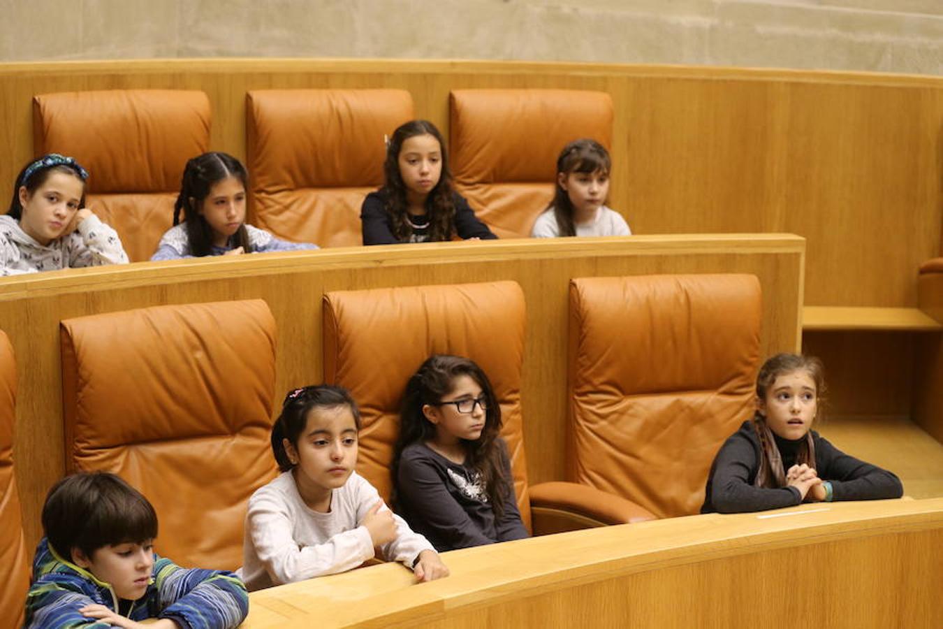 Un grupo de escolares de quinto de Primaria del Colegio Villapatro de Lardero han leído hoy, en el Parlamento de La Rioja, unos manifiestos, que previamente habían redactado junto a sus profesores, sobre cuatro derechos de la infancia en el acto del Día del Niño.