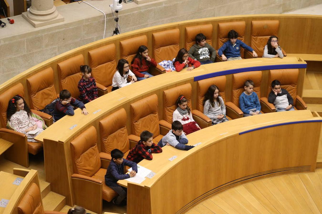 Un grupo de escolares de quinto de Primaria del Colegio Villapatro de Lardero han leído hoy, en el Parlamento de La Rioja, unos manifiestos, que previamente habían redactado junto a sus profesores, sobre cuatro derechos de la infancia en el acto del Día del Niño.