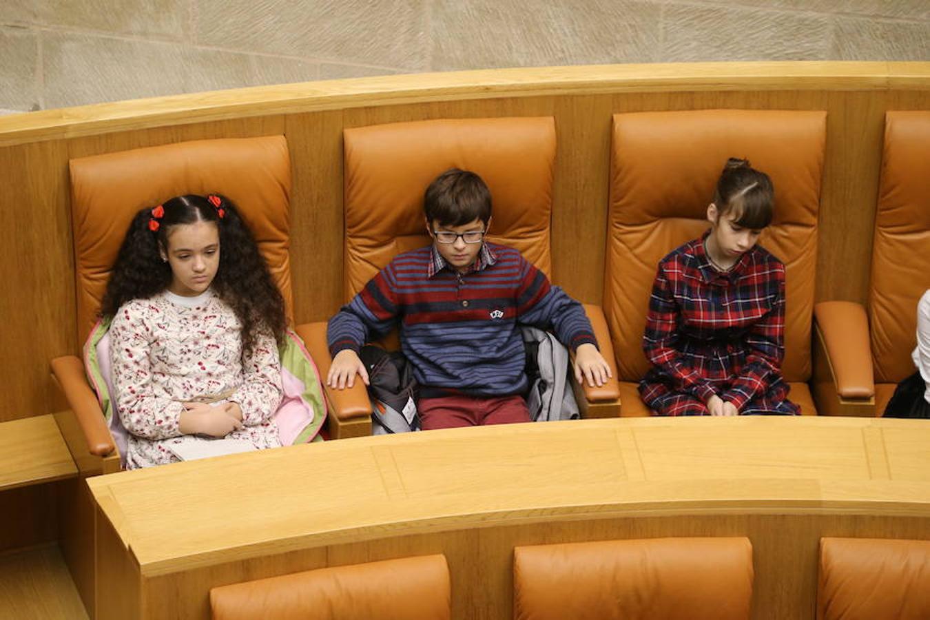 Un grupo de escolares de quinto de Primaria del Colegio Villapatro de Lardero han leído hoy, en el Parlamento de La Rioja, unos manifiestos, que previamente habían redactado junto a sus profesores, sobre cuatro derechos de la infancia en el acto del Día del Niño.