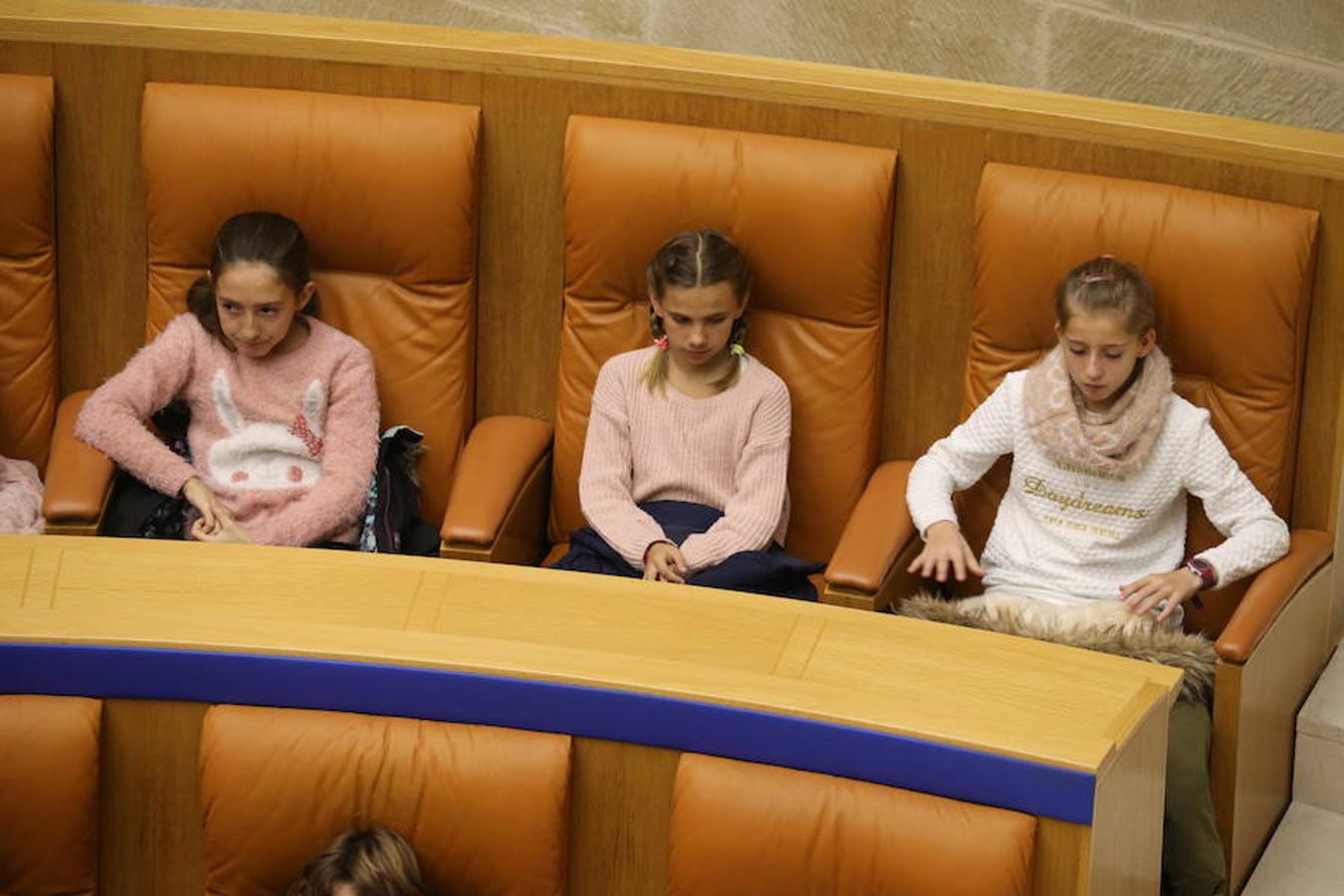 Un grupo de escolares de quinto de Primaria del Colegio Villapatro de Lardero han leído hoy, en el Parlamento de La Rioja, unos manifiestos, que previamente habían redactado junto a sus profesores, sobre cuatro derechos de la infancia en el acto del Día del Niño.