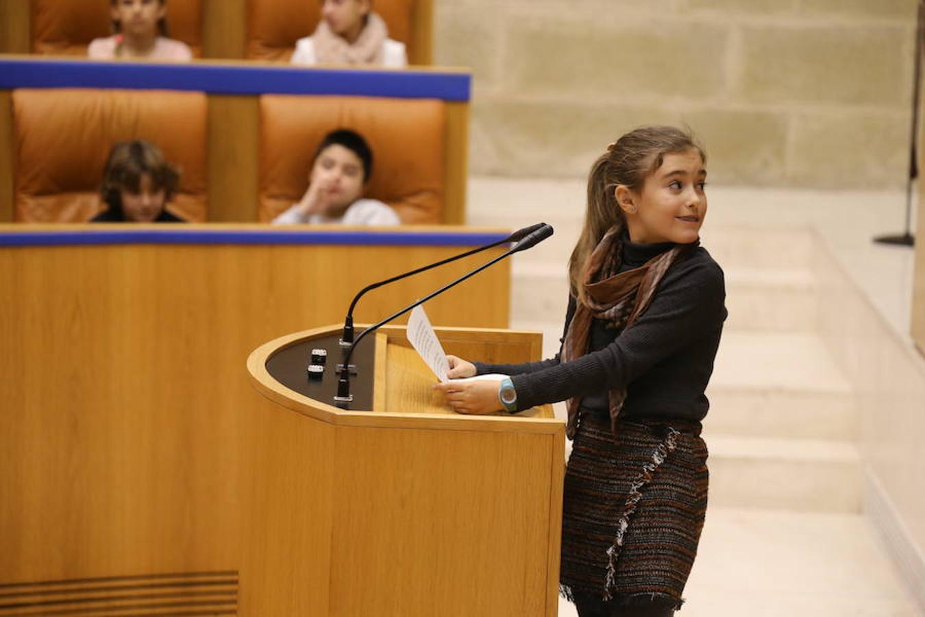 Un grupo de escolares de quinto de Primaria del Colegio Villapatro de Lardero han leído hoy, en el Parlamento de La Rioja, unos manifiestos, que previamente habían redactado junto a sus profesores, sobre cuatro derechos de la infancia en el acto del Día del Niño.