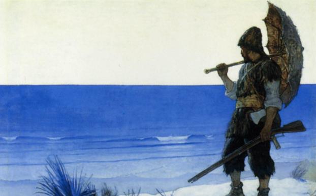 Ilustración de Newell Convers Wyeth, una de las que ilustraron una edición de la novela clásica 'Robinson Crusoe'. 