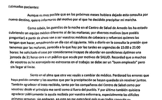 Carta en la que el médico de Arnedo renunció, este miércoles