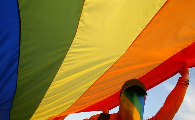 Un hombre ondea la bandera arco iris.