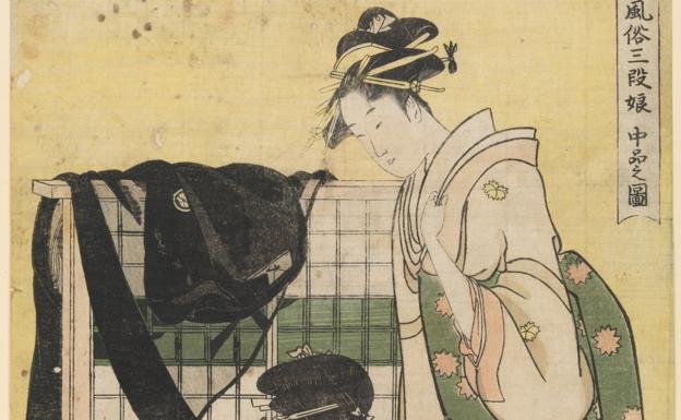 Estampa japonesa de la era Kansei de Utamaro, titulada 'Escena de clase media', propiedad del Museo del Prado.