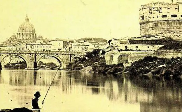 Roma. Castillo de Sant'Angelo, el río Tiber y, al fondo, el Vaticano (1865). 