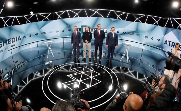 Casado, Iglesias, Sánchez y Rivera, en el debate de Atresmedia. 