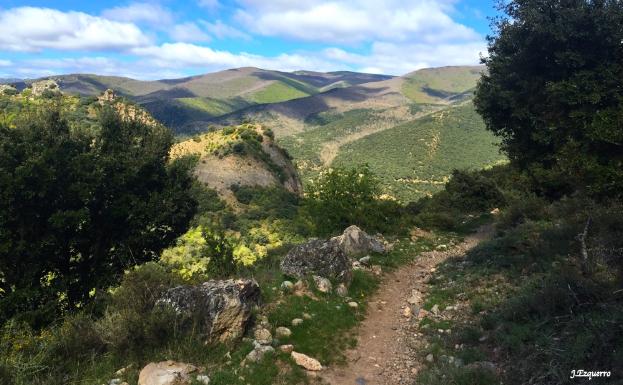 Imagen principal - Sendero de la Vía Romana sobre Panzares (arriba) y cerca de Torrecilla (fotos inferiores) 