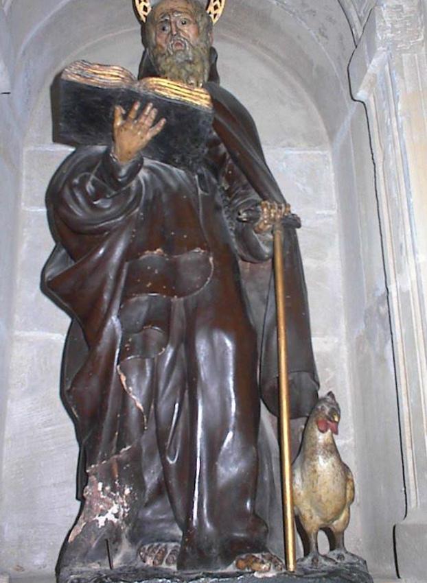 Imagen de Santo Domigo de la Calzada, del siglo XVIII, con gallina, pero sin gallo, que le ha sido robado de la parroquia de Santo Tomás de Haro. 