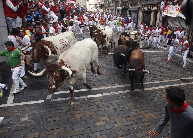 Fotos: Segundo encierro de San Fermín muy veloz y limpio de los toros de Cebada Gago