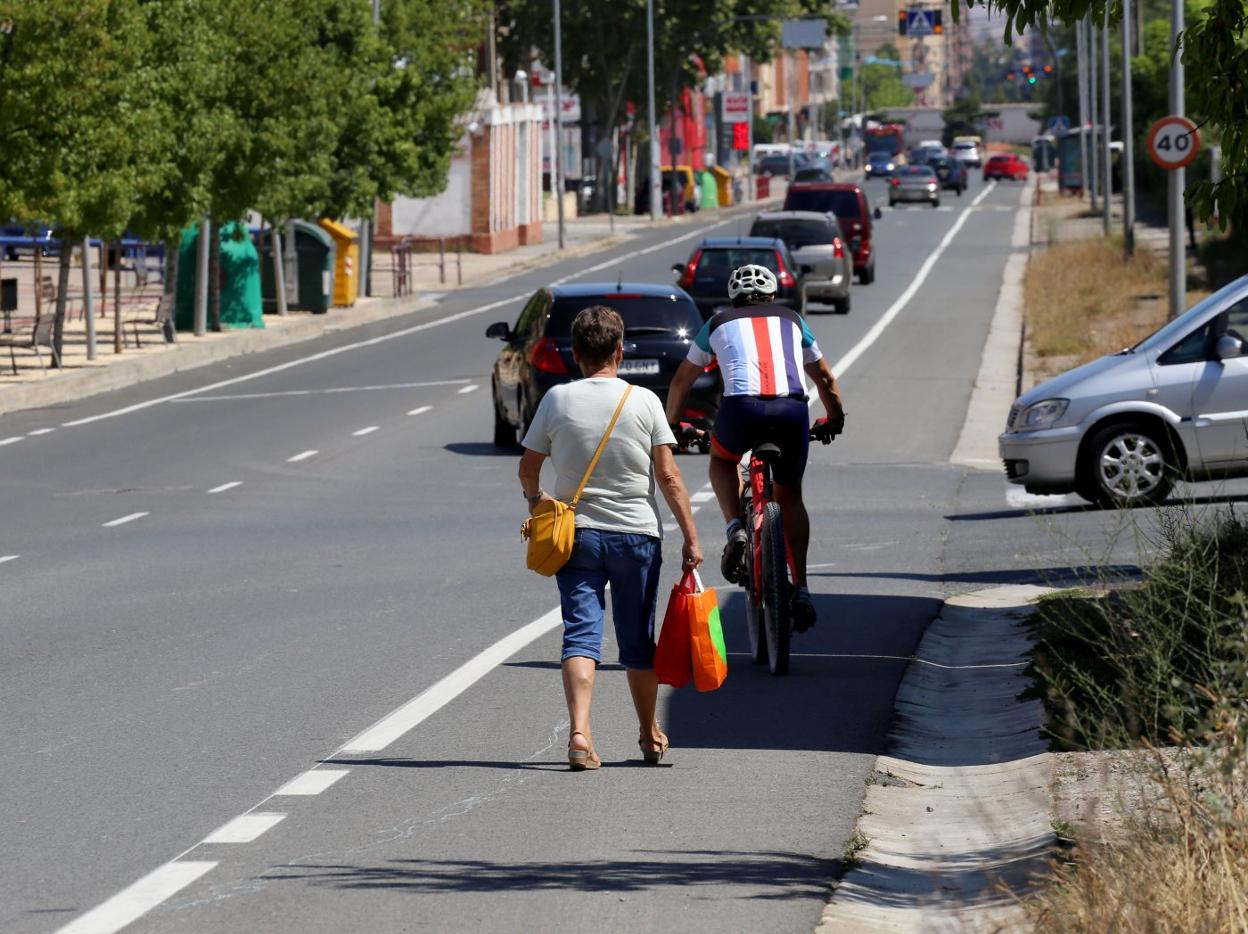 Una peatón y un ciclista avanzan por el arcén, ante la falta de una acera. 