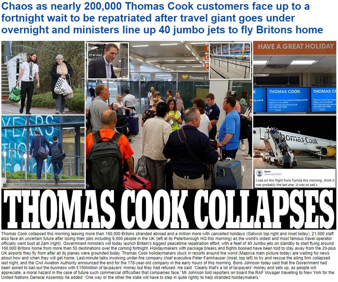 El Daily Mail hace hincapié en los 40 aviones gigantes que los ministros británicos movilizarán para que sus compatriotas vuelvan a casa. El último vuelo de Thomas Cook aterrizó en Gran Bretaña después de que la compañía de viajes colapsara esta mañana, dejando a más de 160,000 británicos 'tirados' en el extranjero y un millón más de clientes con vacaciones canceladas.