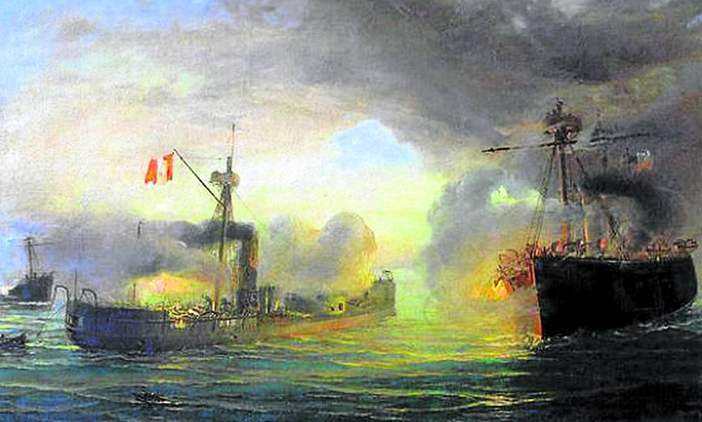 Pintura que recrea la batalla de Angamos el 8 de octubre de 1879, en la que los peruanos perdieron el barco a manos chilenas. 