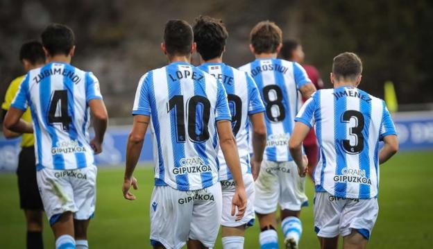 Zubimendi, López, Gorostidi y Jiménez durante el partido contra el Alavés B