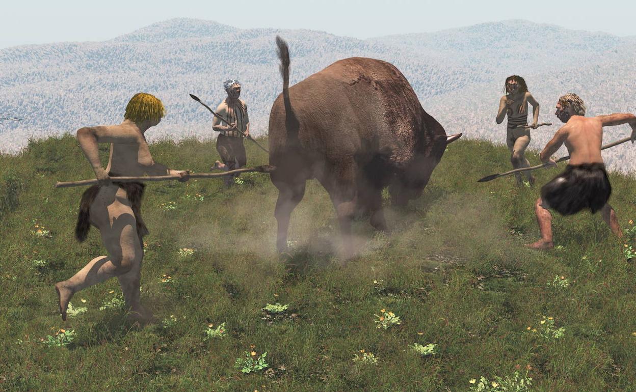 Un grupo de neandertales, cazando un bisonte.