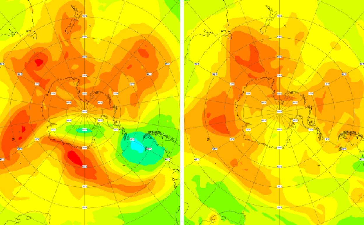 Predicción de la evolución del agujero de ozono sobre la Antártida entre el 11 (imagen de la izquierda) y el 15 de noviembre de 2019 (imagen de la derecha).