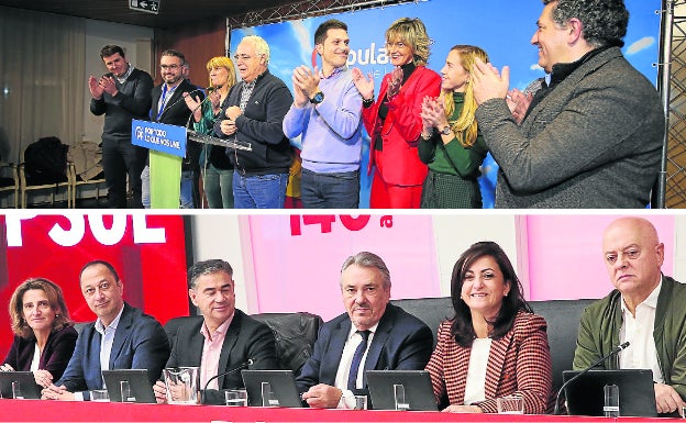 Arriba, el presidente y los candidatos populares, durante su comparecencia tras conocer los resultados de las elecciones de este domingo. 