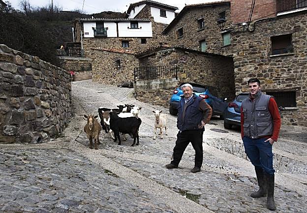 Emilio Terroba y Eduardo García posan con las cabras del alcalde, en Ajamil.
