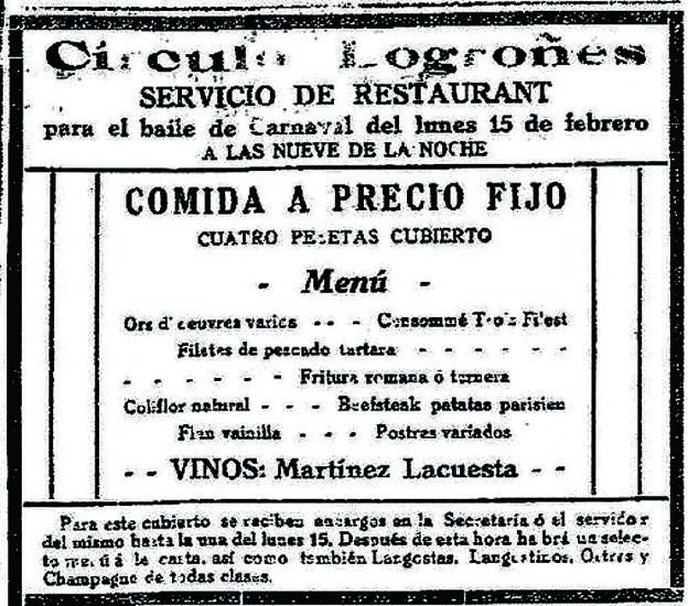 Un anuncio de aquella cena carnavalera en el Círculo Logroñés, en 1915. 