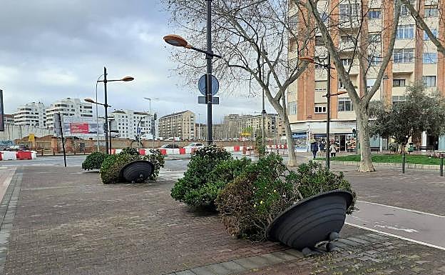 Macetas volcadas en la calle General Espartero.