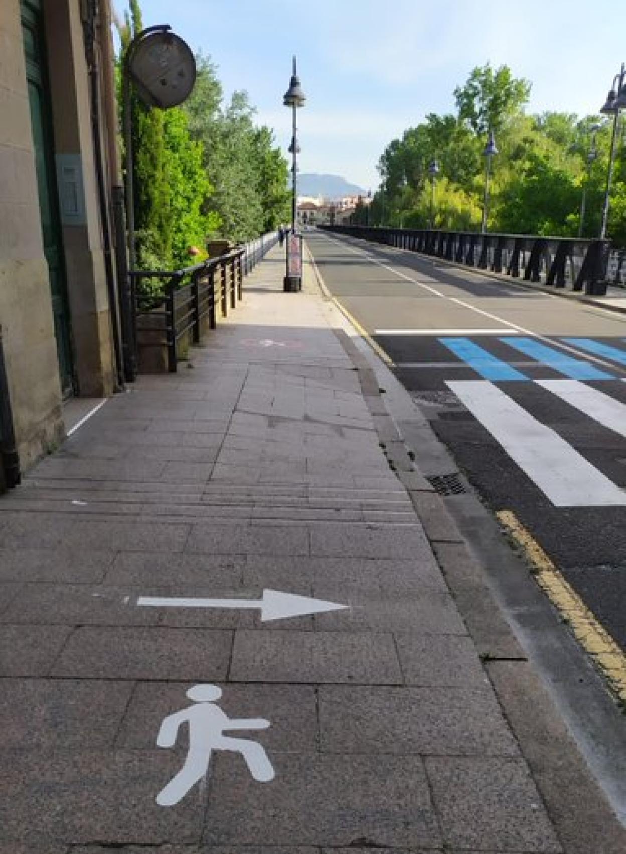Peatones que indican el sentido de la marcha y líneas de colores en las calles logroñesas