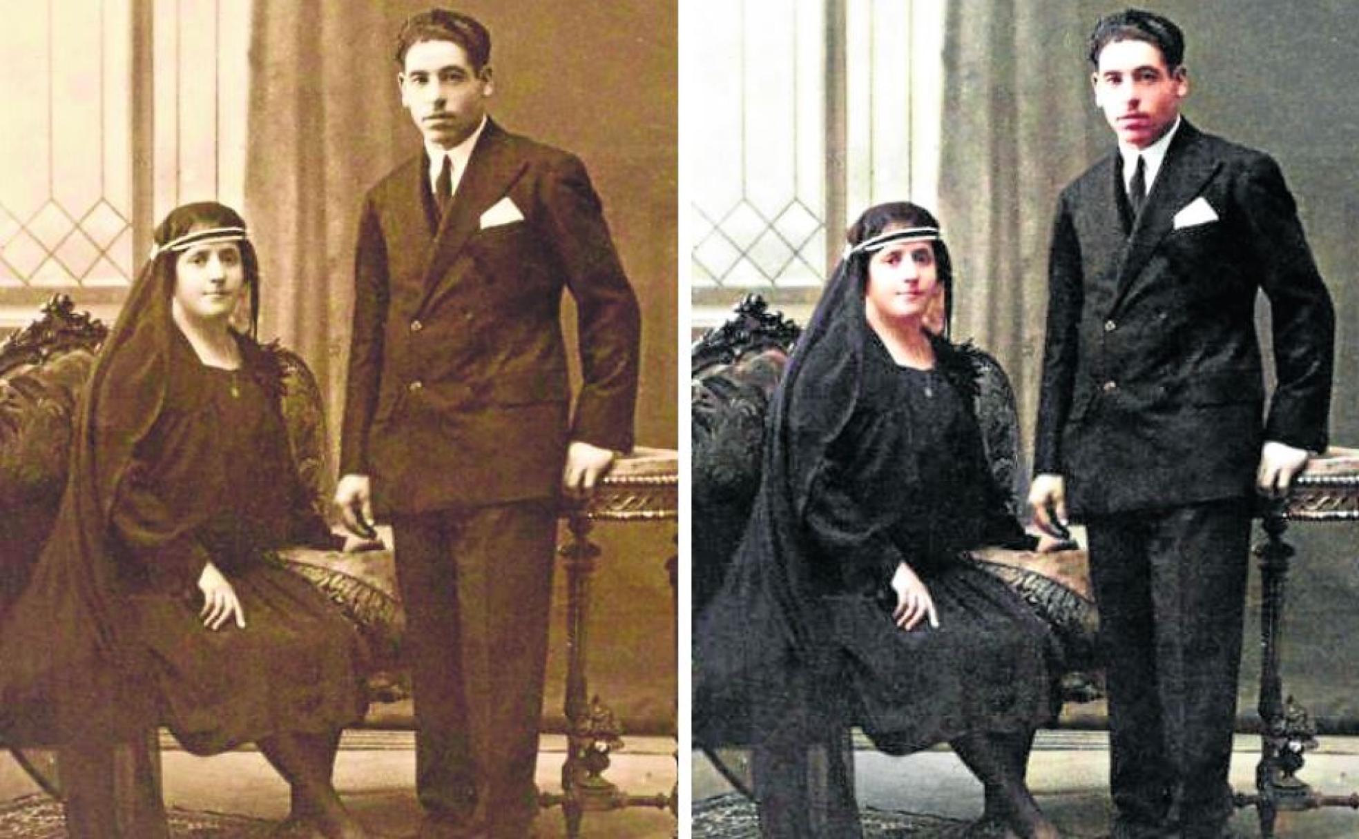 Foto de un matrimonio riojano realizada en 1905 y, al lado, en color después de aplicar el programa de coloreado de imágenes. El mismo proceso se ha seguido con la instantánea de la Sagasta, que data de 1919..