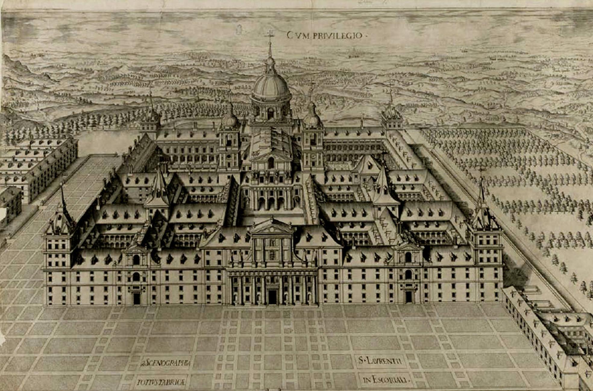 El monasterio de San Lorenzo del Escorial, dibujado por Pedro Perret en 1587. 