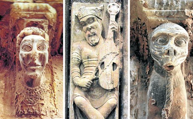 Canecillos de la catedral de Santo Domingo y (en el centro) relieve de la capilla mayor.