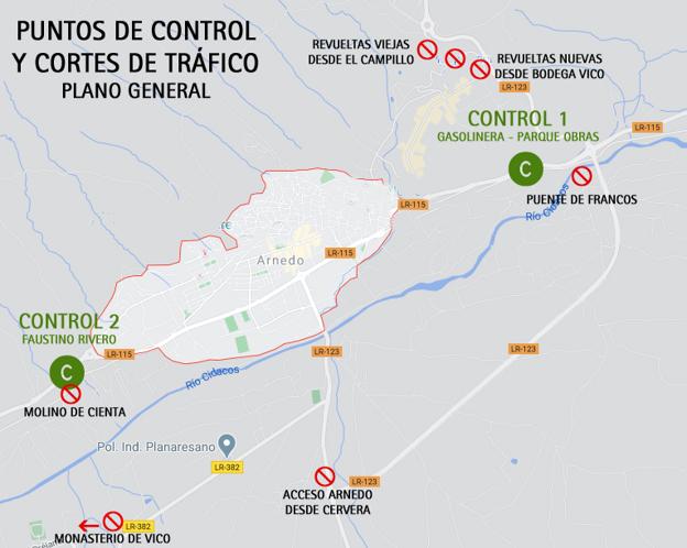 Plano de los puntos de control y los cortes de tráfico en Arnedo.