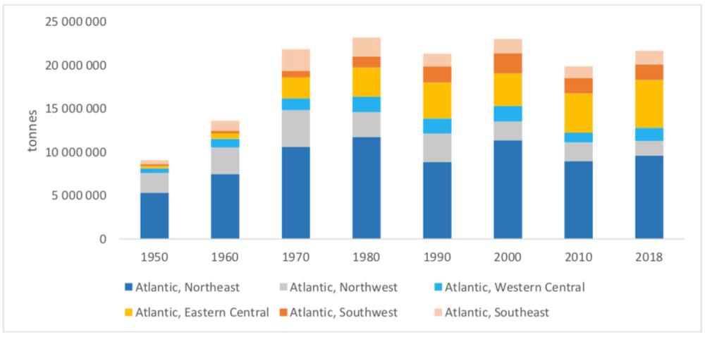 Capturas en el océano Atlántico según las zonas pesqueras de la FAO (1950-2018).