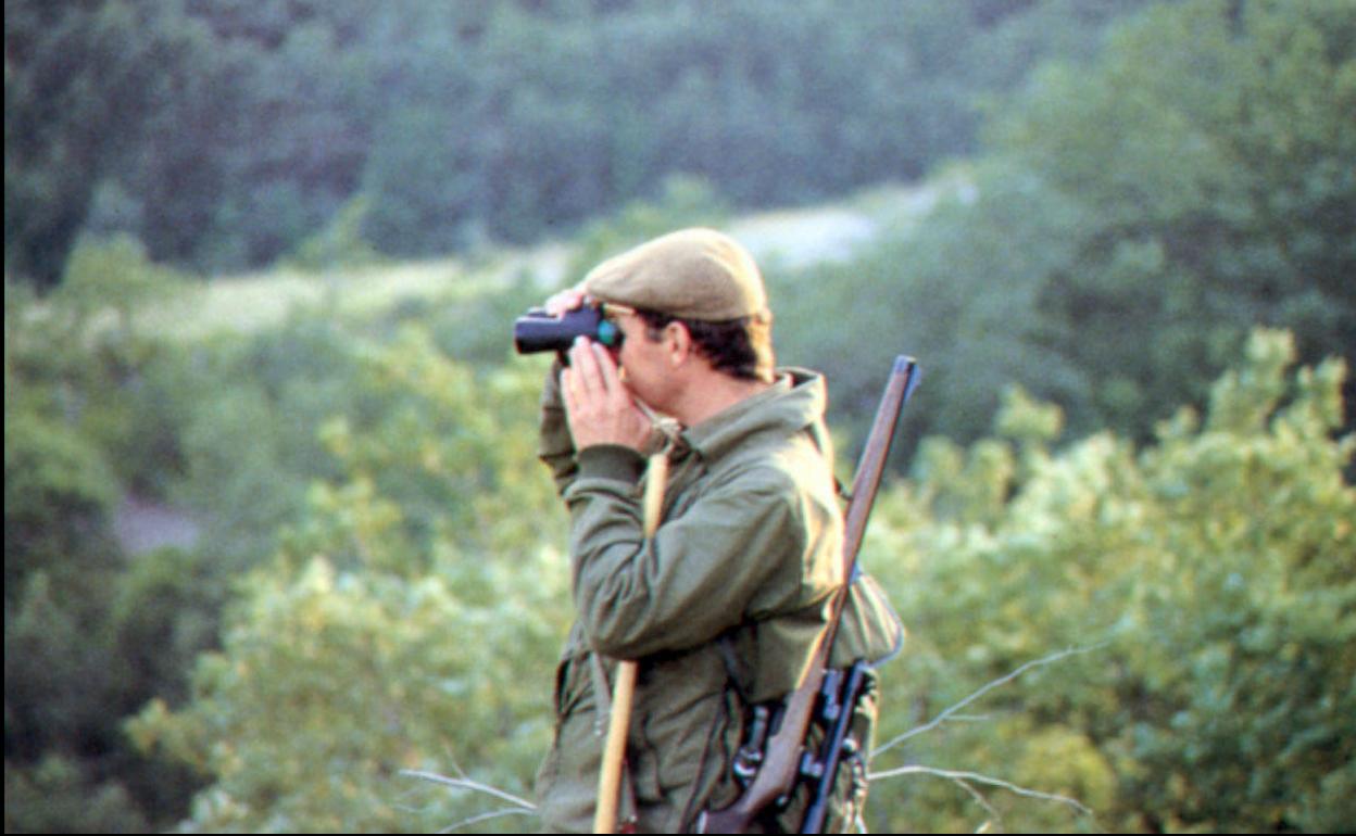 Un cazador observa con los prismáticos a las posibles piezas de caza.