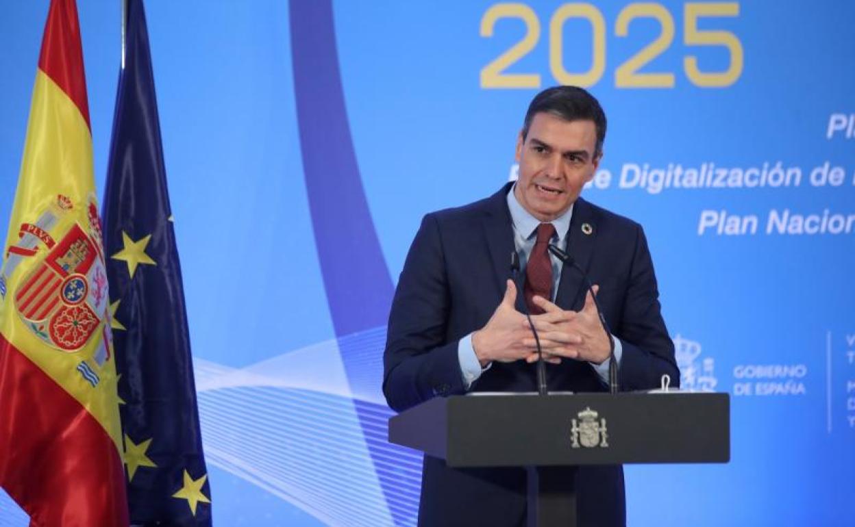 El presidente Pedro Sácnhez durante la presentación del plan de digitalización en La Moncloa.