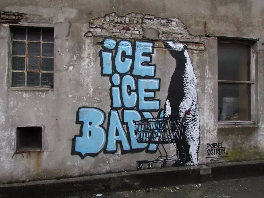 Imagen principal - Arriba, un grafiti del artista noruego Pobel denuncia el deshielo del Ártico en una calle de su país. En medio, en Bilbao, Extinction Rebellion Bizkaia. 