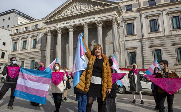 Mar Cambrollé y otros activistas trans, frente al Congreso.