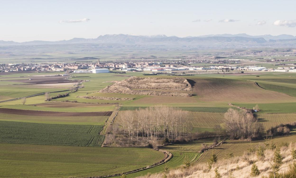 En la zona arbolada de la parte inferior de la imagen se encuentra el paraje de Los Mártires, donde a finales del siglo XVIII se captó agua para abastecer a Santo Domingo de la Calzada, al fondo. 