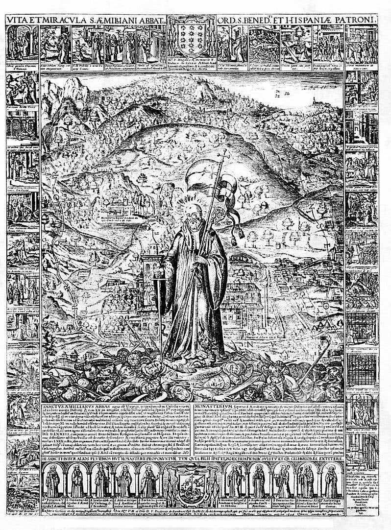 San Millán, patrón de España. Imagen ilustrada de la vida y milagros del Santo Emiliano, durante siglos referencia religiosa de la Península Ibérica, grababa en Roma en 1608. 