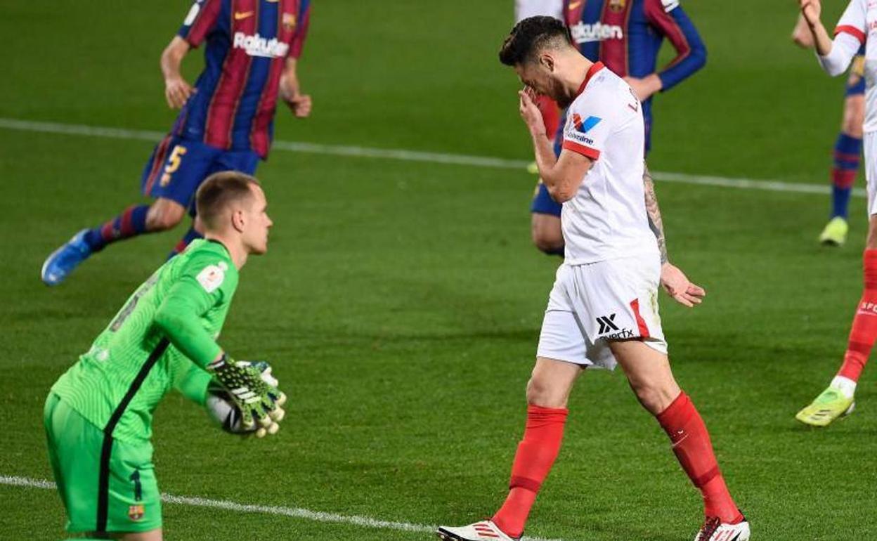 Ter Stegen, tras detener un penalti a Ocampos en la semifinal de la Copa del Rey. 