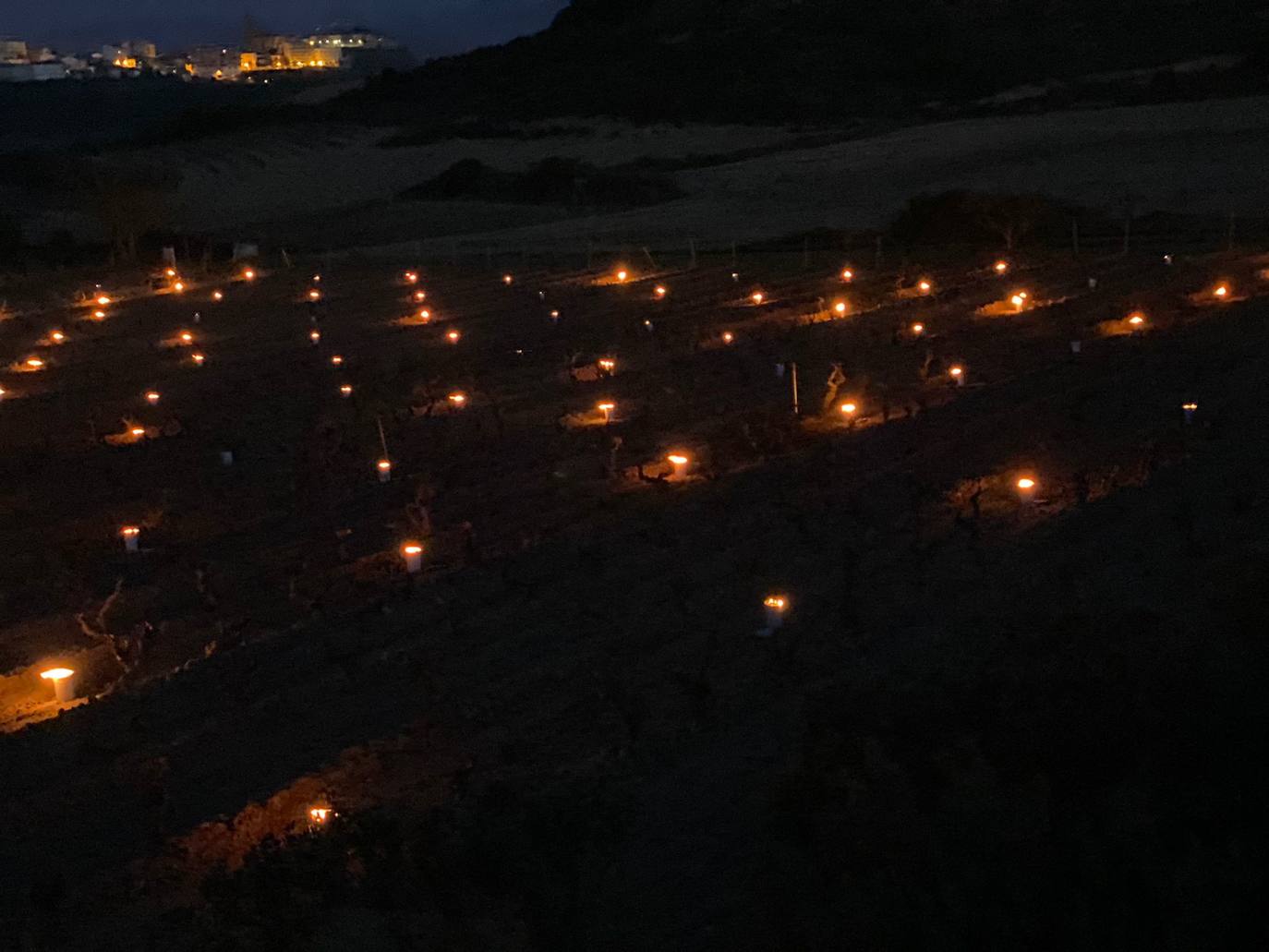 Velas en Cuba Negra. Bodegas Tierra (Labastida) recurrió a las hogueras para salvar la parcela de su vino El Belisario. De momento, pocos daños.