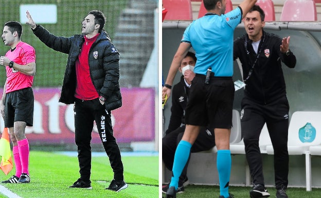 A la izquerda, Sergio en el primer partido que dirigió a la UD Logroñés el 19 de noviembre del 2016. A la derecha, imagen del encuentro del pasado sábado frente al Cartagena. 