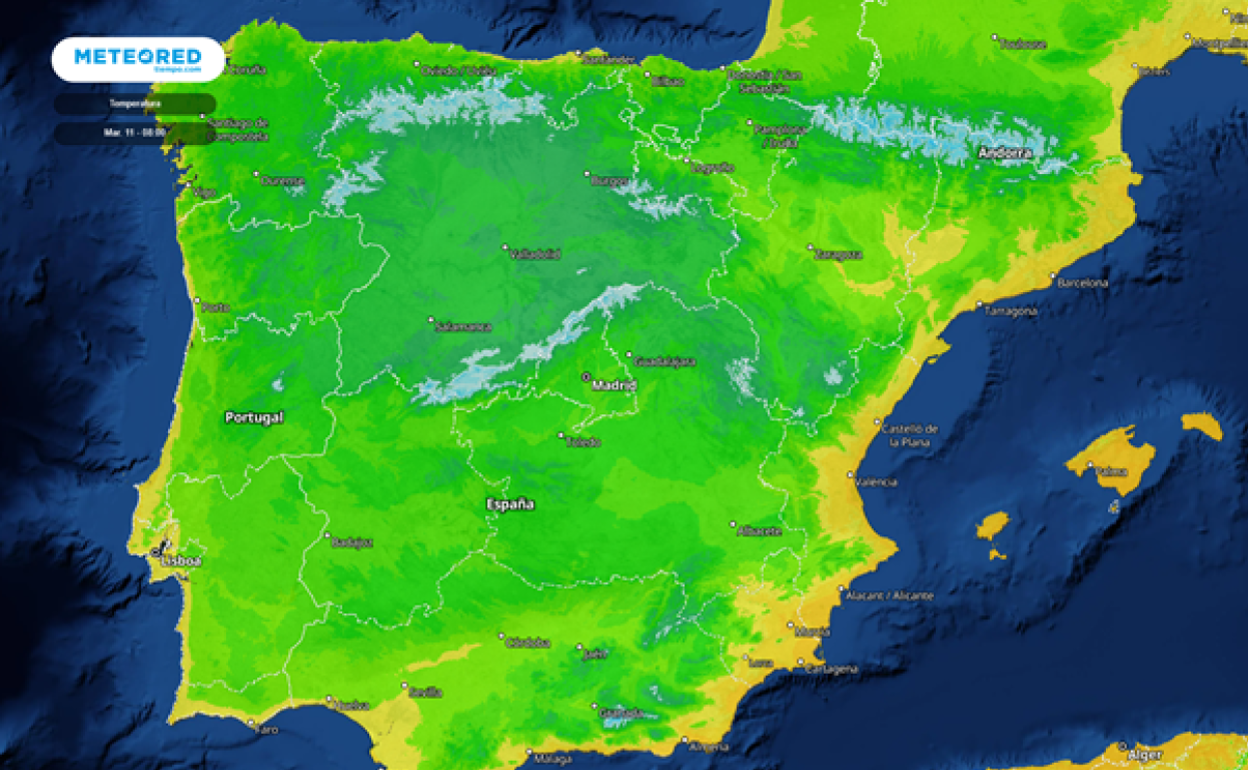 Las zonas azules son donde más frío hará en la madrugada del martes. 